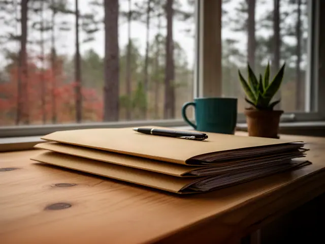 A neat stack of closed manila folders and a pen on a desk by a window.
