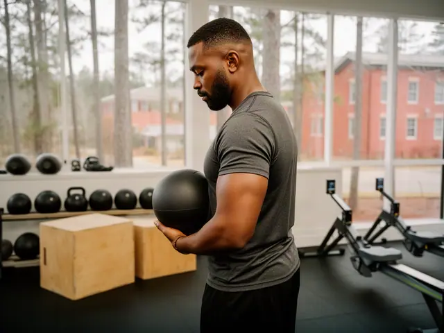 A fitness-studio owner holding a medicine ball.