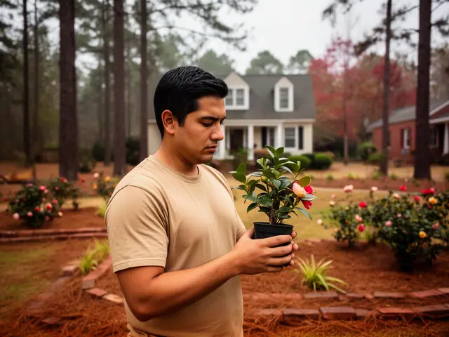 A landscaper holding a potted plant in a new front-yard bed.