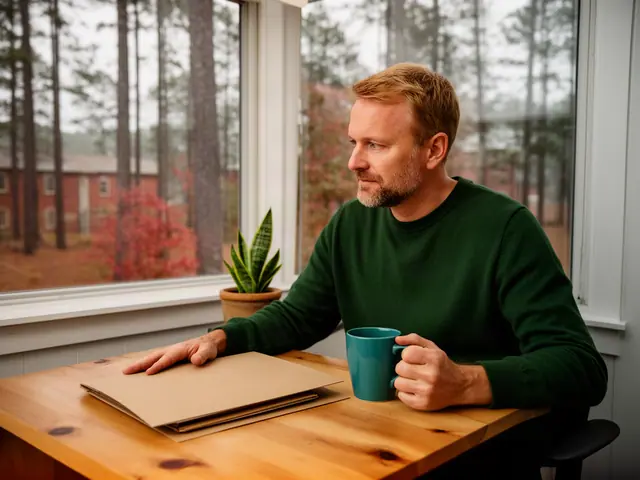 A man with short sandy hair at a desk with a folder and a mug in a small back office.
