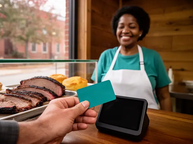 A customer taps a card on a counter terminal at a small barbecue restaurant.