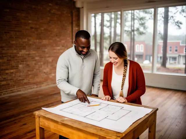 Two business partners looking over a pencil floor sketch in an empty storefront.