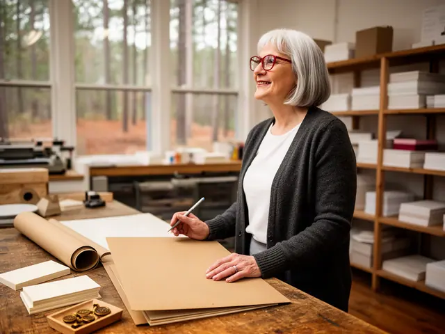 A woman with a short silver bob and red-framed glasses at a work table with a closed folder in a small stationery and paper-goods studio.